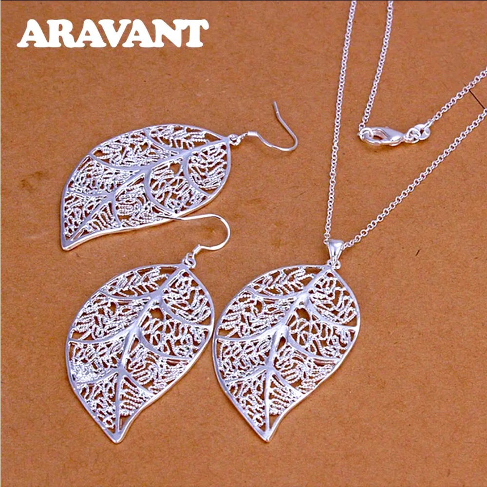 925 Solid Sterling Silver Set Bohemia Jewelry Leaves Necklace Drop Earrings!